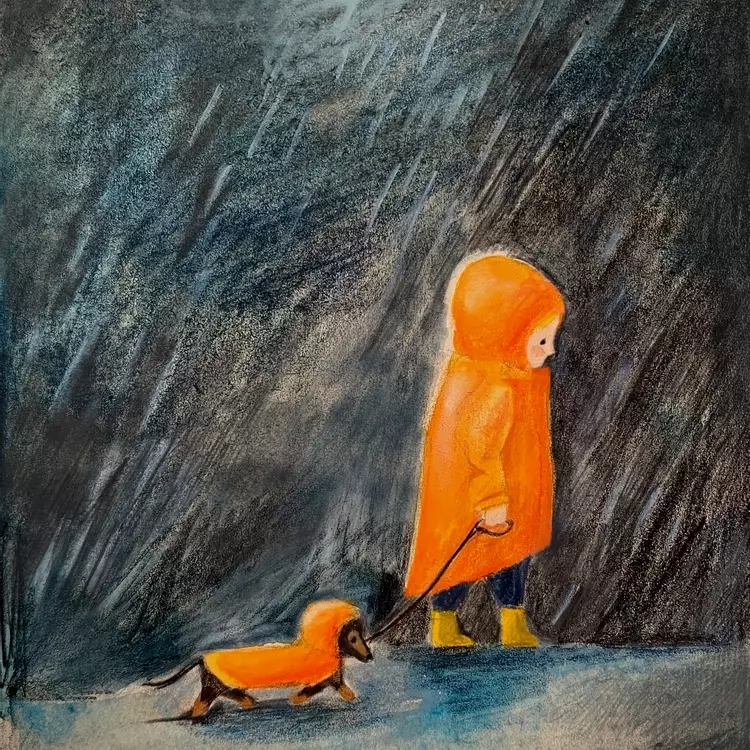 dog illustration, kid lit art, picture book illustration, mixed media illustration, painting of a dog, dog drawing , rainy day drawing, walking the dog in the rain, picture book illustration, picture book illustrator 